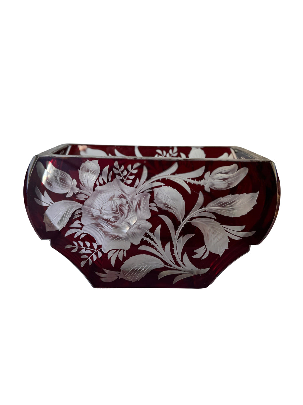 Antique Czech Bohemian  Ruby Red Art Deco Hand Cut to Clear Crystal Bowl, c. 1920