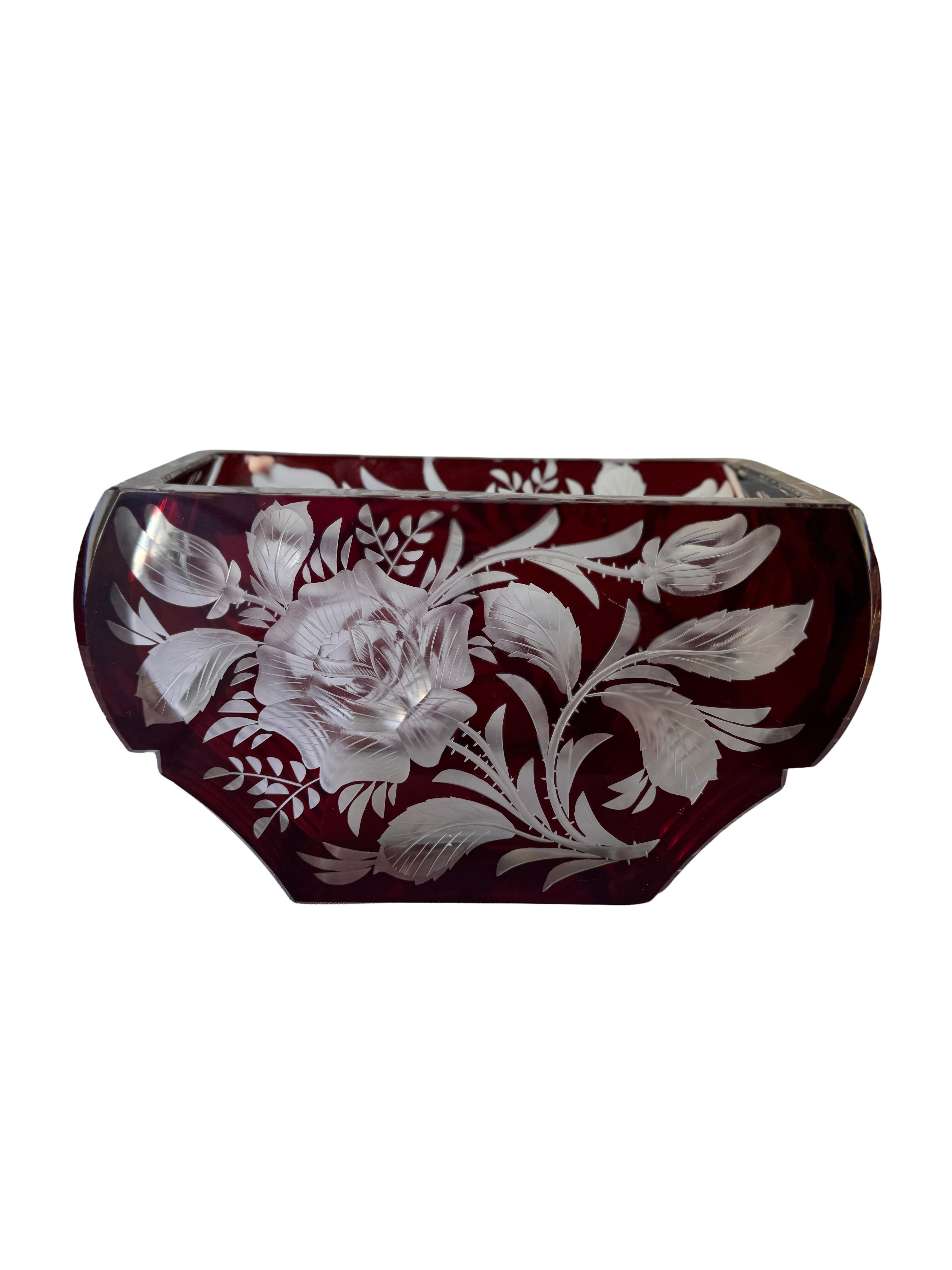 Antique Czech Bohemian  Ruby Red Art Deco Hand Cut to Clear Crystal Bowl, c. 1920