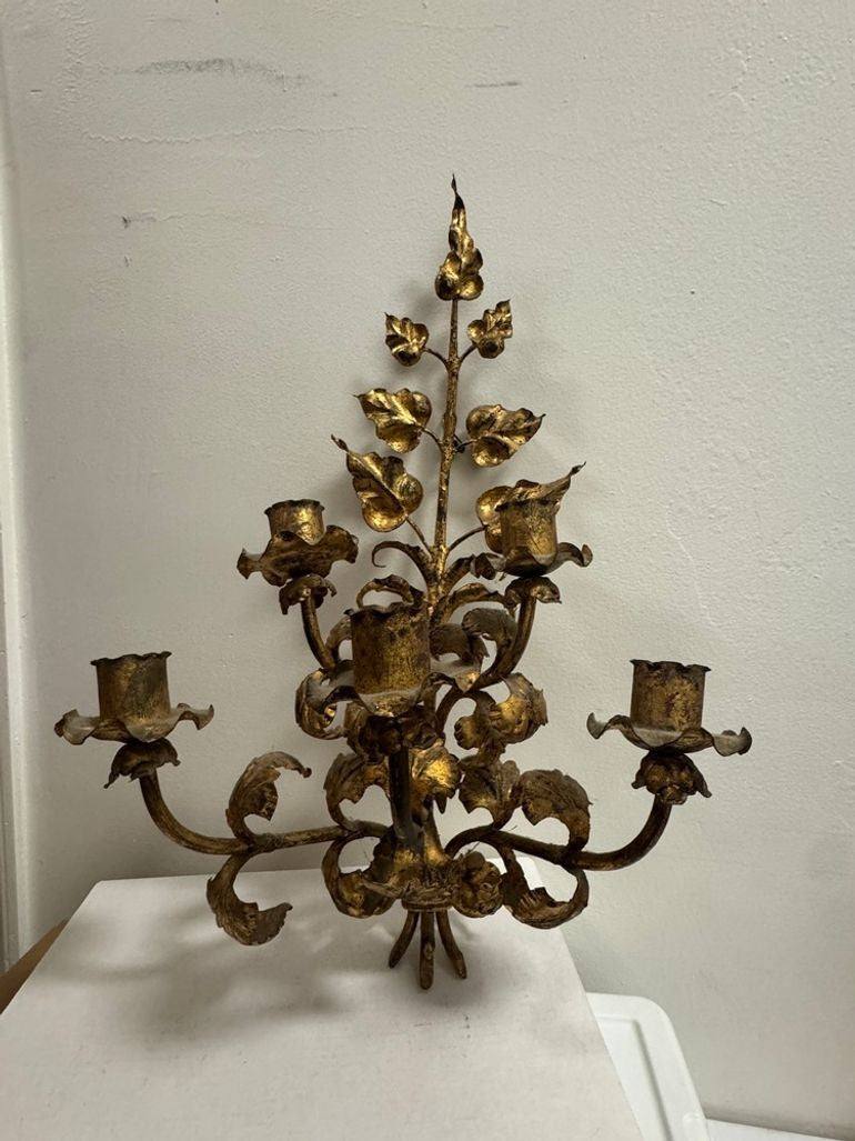 Antique Italian Wall Sconce Candelabra with Gilt Gold Leaf Motif for Five Candles, c. 1920