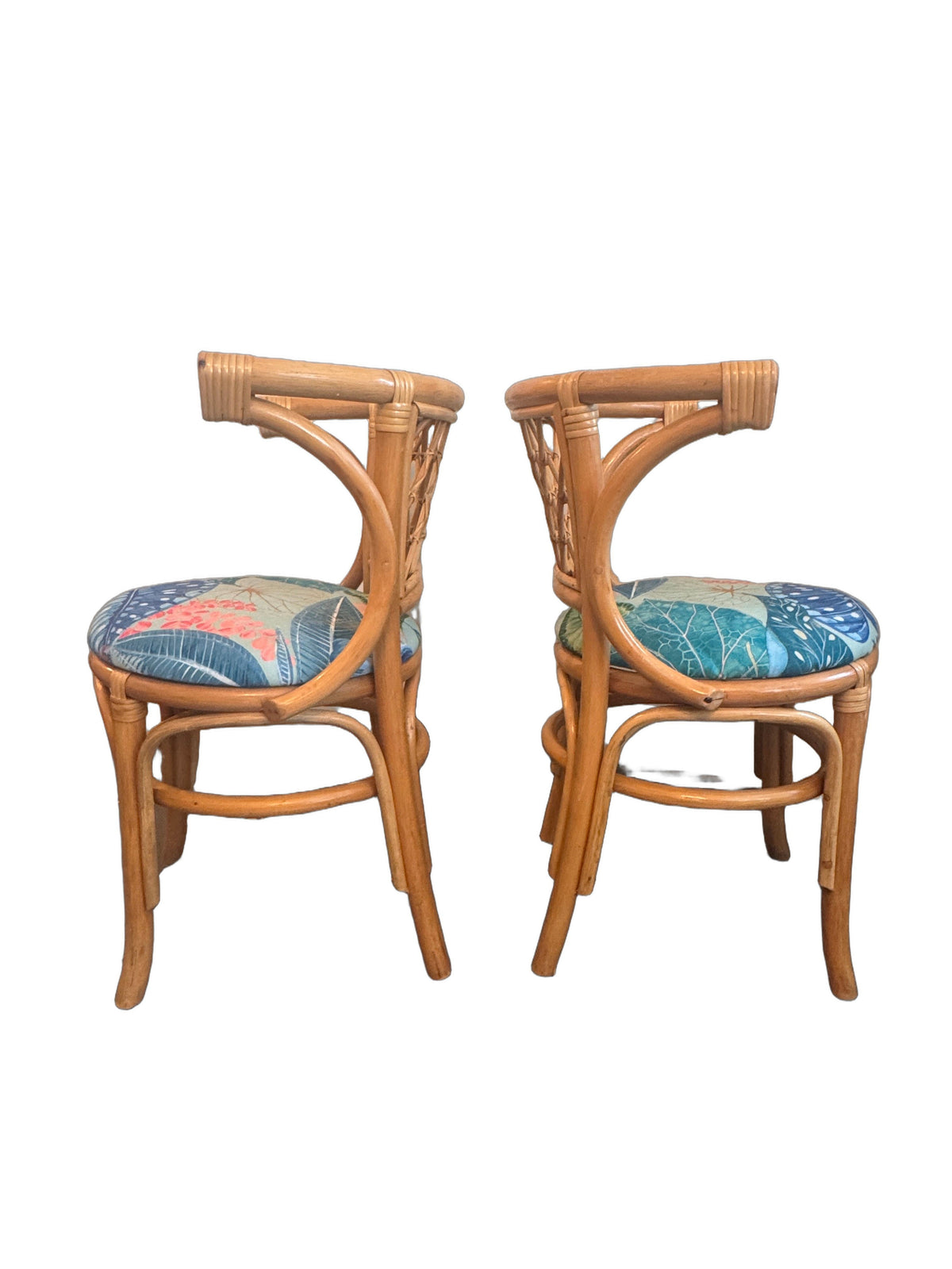 Vintage Bamboo & Rattan Barrel-Back Bistro Honeymoon Chairs, Pair, c. 1970s