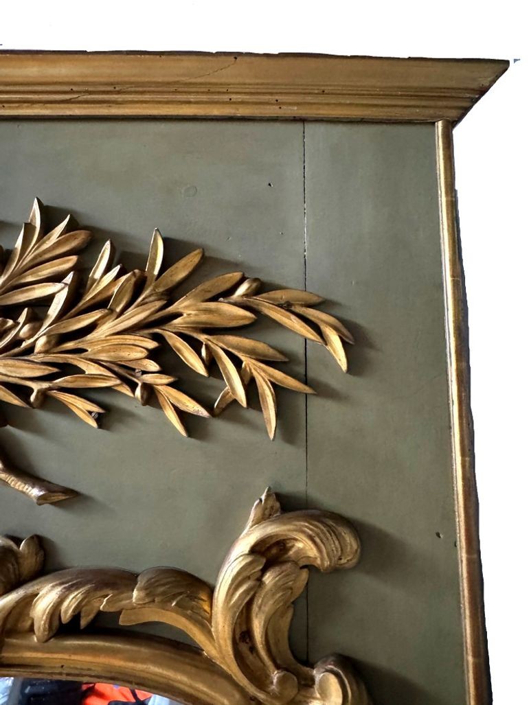 Antique Large French Louis XV Style Giltwood and Painted Trumeau Wall Mirror, c. 19th cent