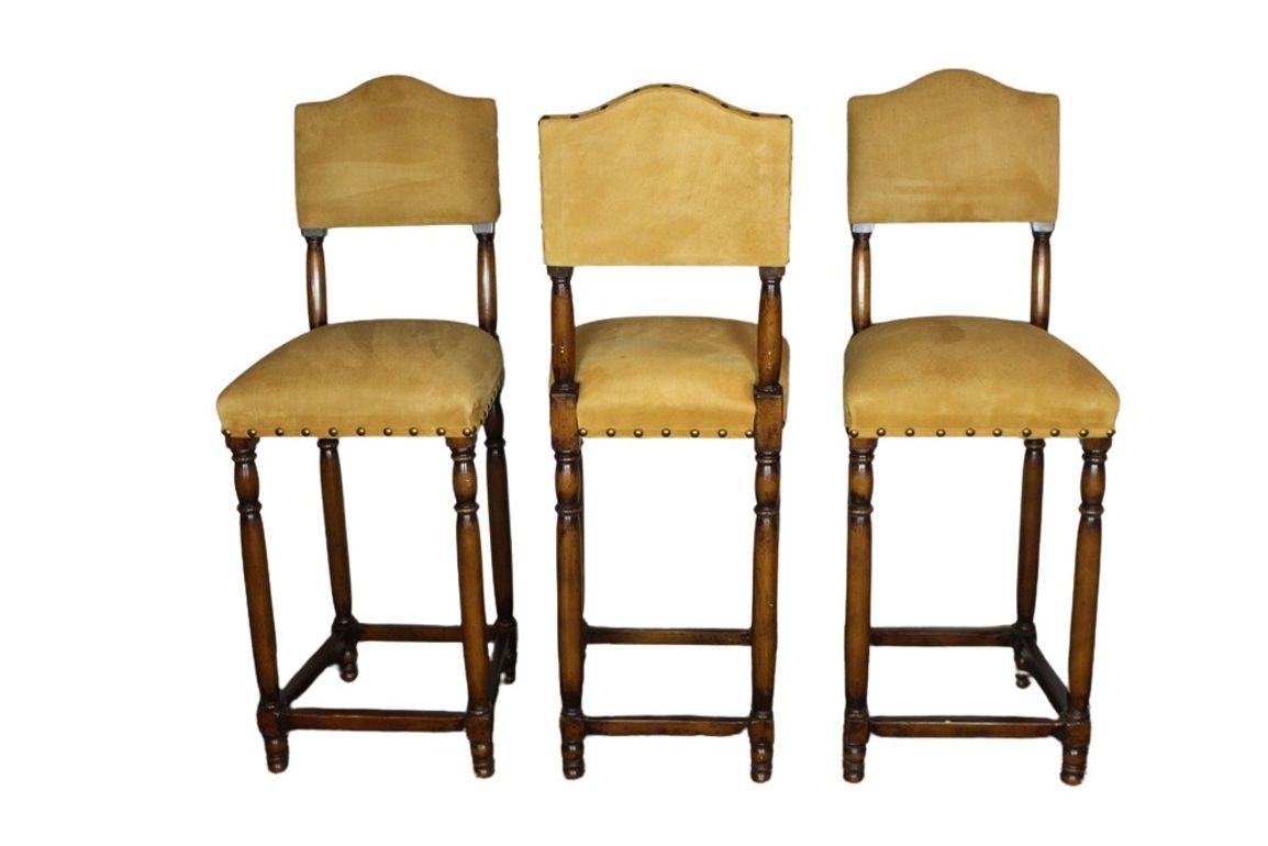 Vintage Suede Barstools with Nail Head Detail - Set of 3