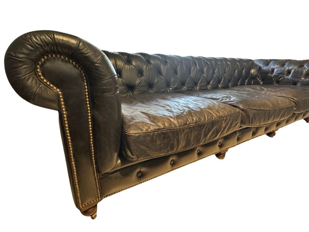 Restoration Hardware Kensington Ebony Leather Sofa with 44” depth and Luxe Down Feather Fill