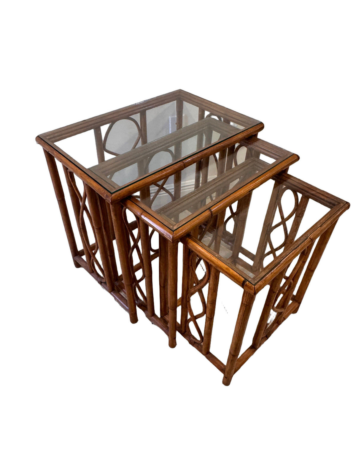 Vintage Burnt Bamboo Rattan Nesting Tables with Glass Tops, Set of 3, c. 1970s