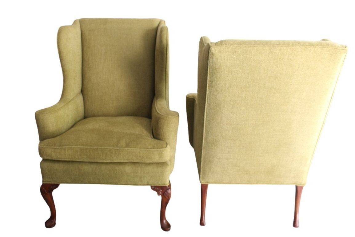 Vintage Queen Anne Style Chenille Wingback Chairs - set of 2