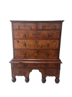Antique William and Mary Burl Walnut Chest on Stand with Original Bronze Hardware and Cannonball Feet, Late 17th Century