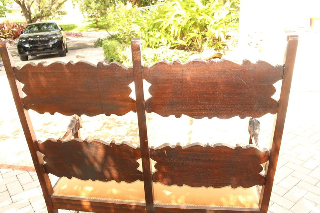 Antique Italian Carved Walnut Upholstered Bench, c. late 1800s