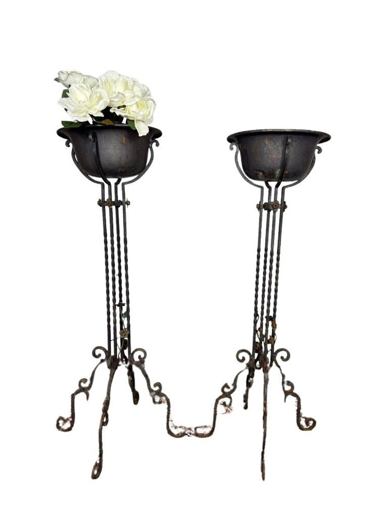 Antique Wrought Iron Plant Stands with Pot - Set of 2
