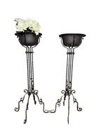 Antique Wrought Iron Plant Stands with Pot - Set of 2