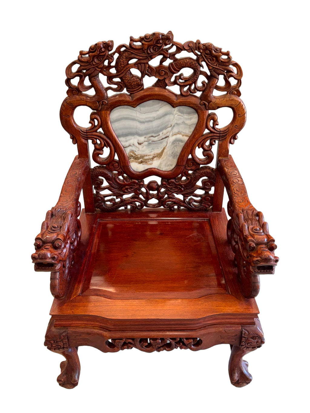 Antique Chinese Rosewood Dragon Armchair – Peranakan Style Carved Chair with Marble Insert, c. late 19th or early 20th century