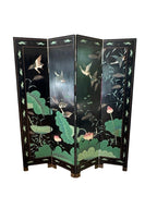 Vintage Chinese Four Panel Room Divider, Folding Screen with a Chinoiserie Pond Scene Painted on Both Sides