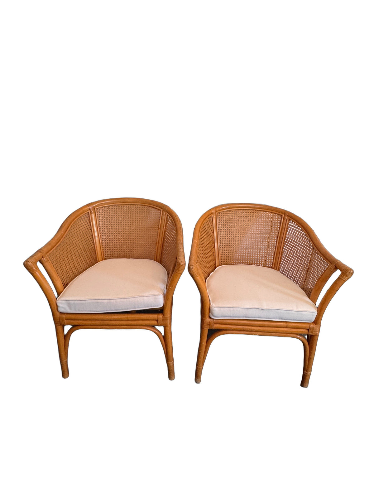 Vintage McGuire Style Rattan & Cane Barrel Back Armchairs, c. 1980s