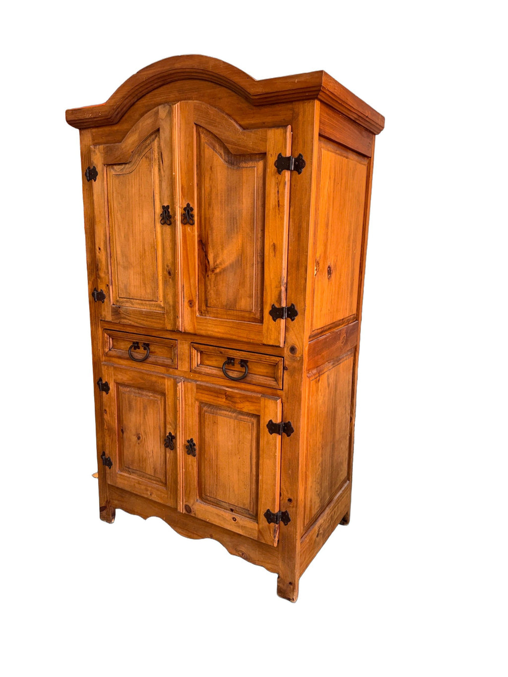 1980s Rustic Solid Pine Storage Armoire with Wrought Iron Accents, Mexico