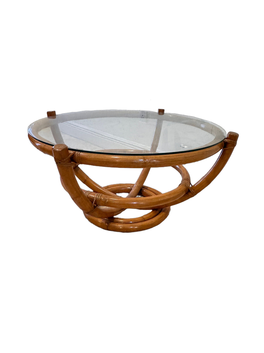 Vintage Sculptural Palm Beach Style Rattan Coffee Table with Round Glass Top, c. 1970s