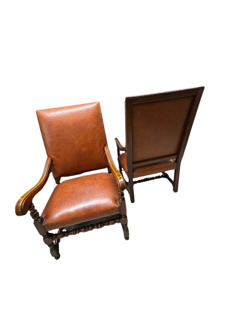 Antique Brown Leather Armchairs with Nailhead Details, Bobbin-Turned Legs, and Scrolled Arms- Set of 2, c. Early 1900s