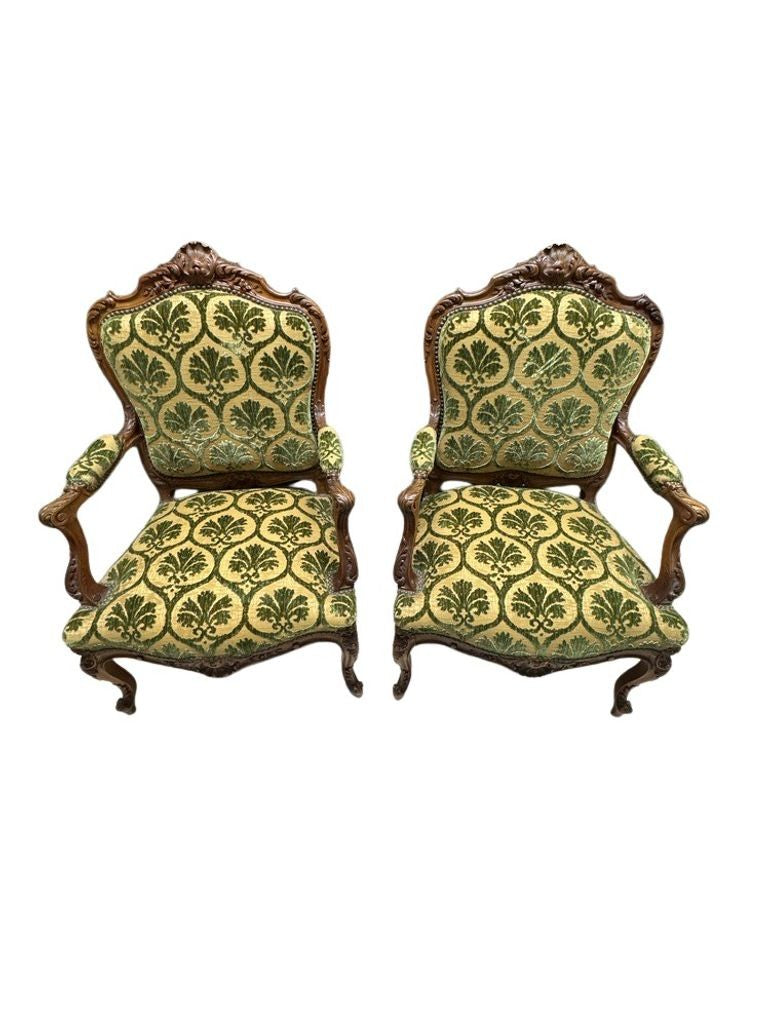 Antique French Louis XV Style Carved Walnut Bergere Armchairs with Green and Gold Damask and Nail head Details - Set of Two