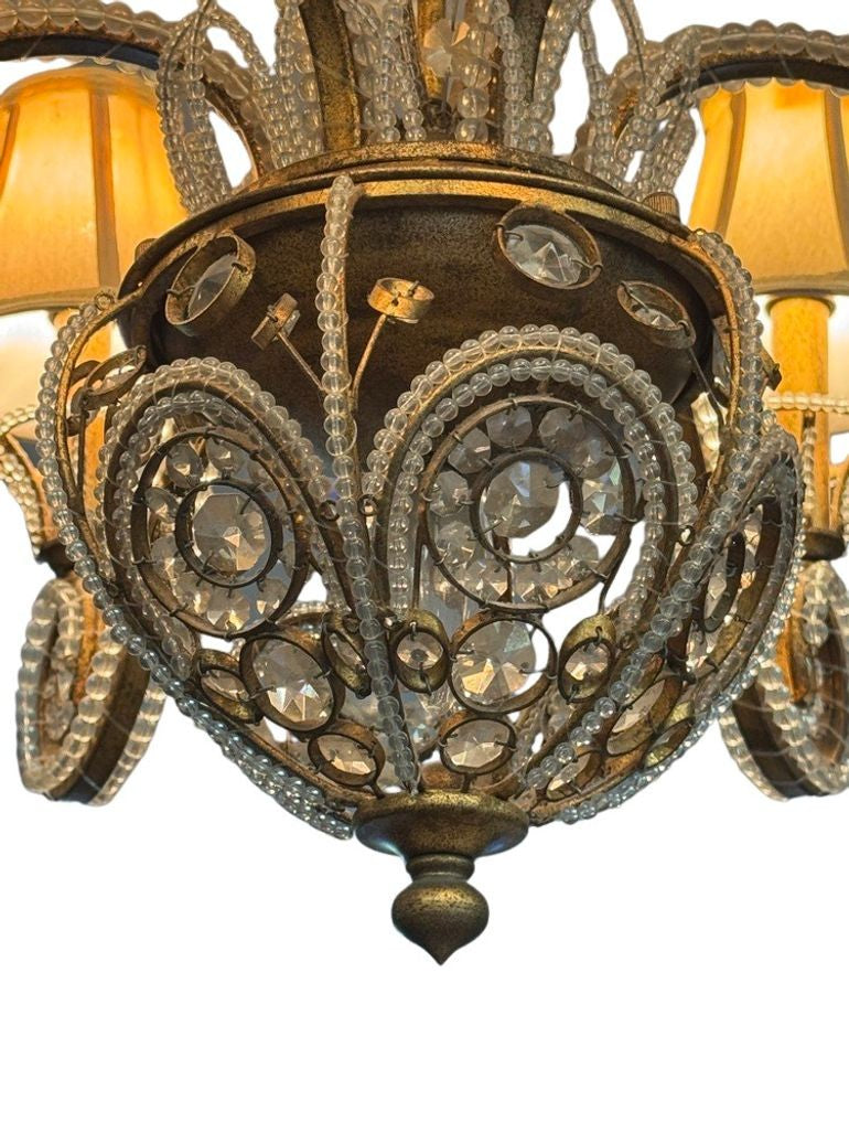 Vintage 1960s Regency Six Arm Chandelier with Gilt Iron and Crystal Beads