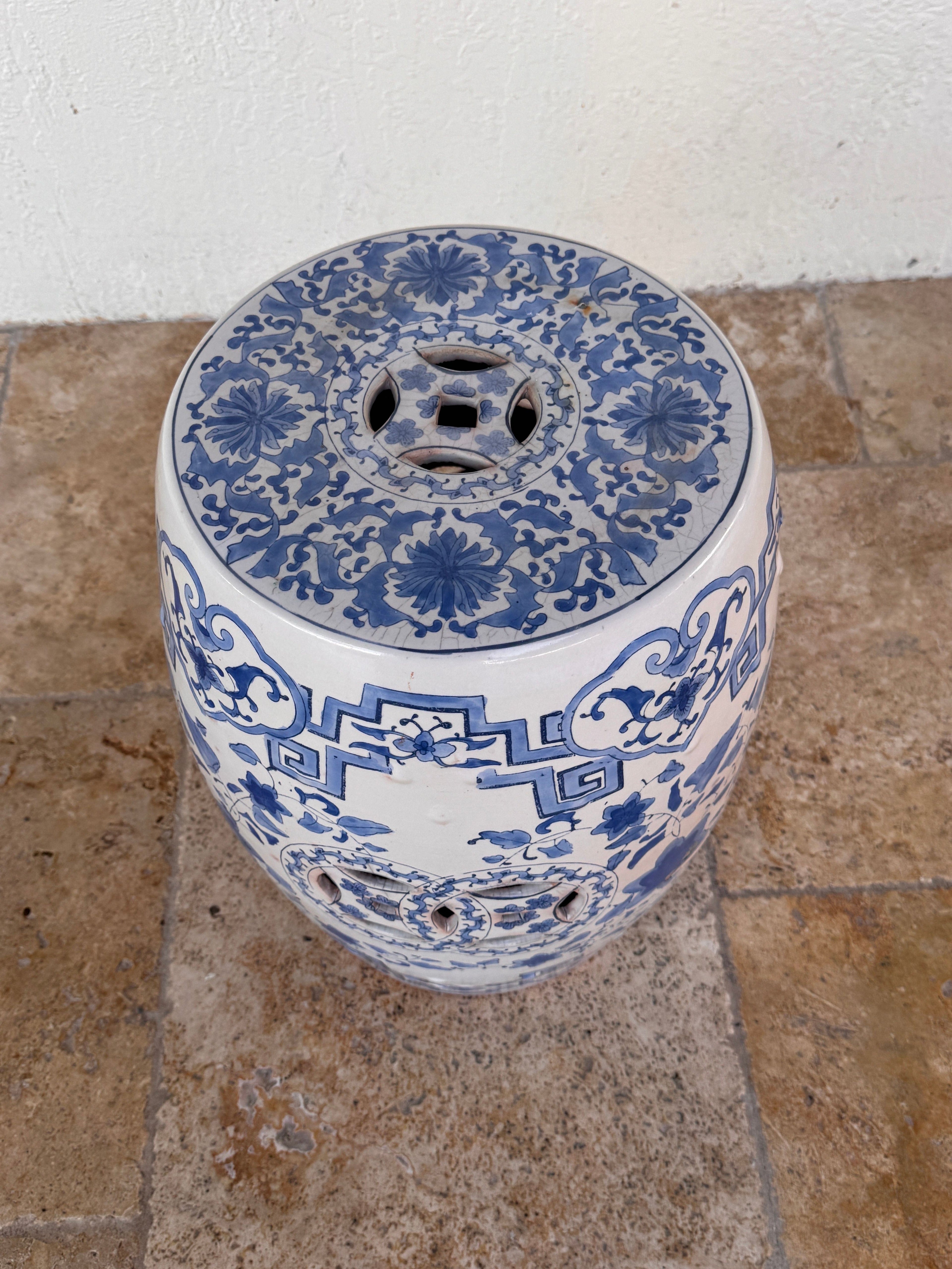 Vintage Terracotta Blue and White Chinese Garden Stool, Plant Stand