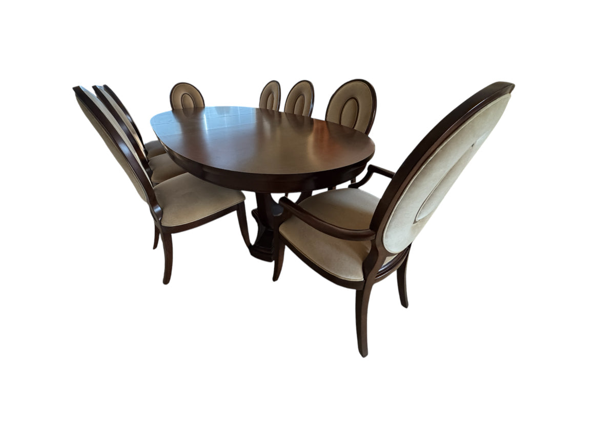 Thomasville Lumine Collection Dining Table with Double Pedestal, 8 Upholstered Chairs and Three Leaf Extension