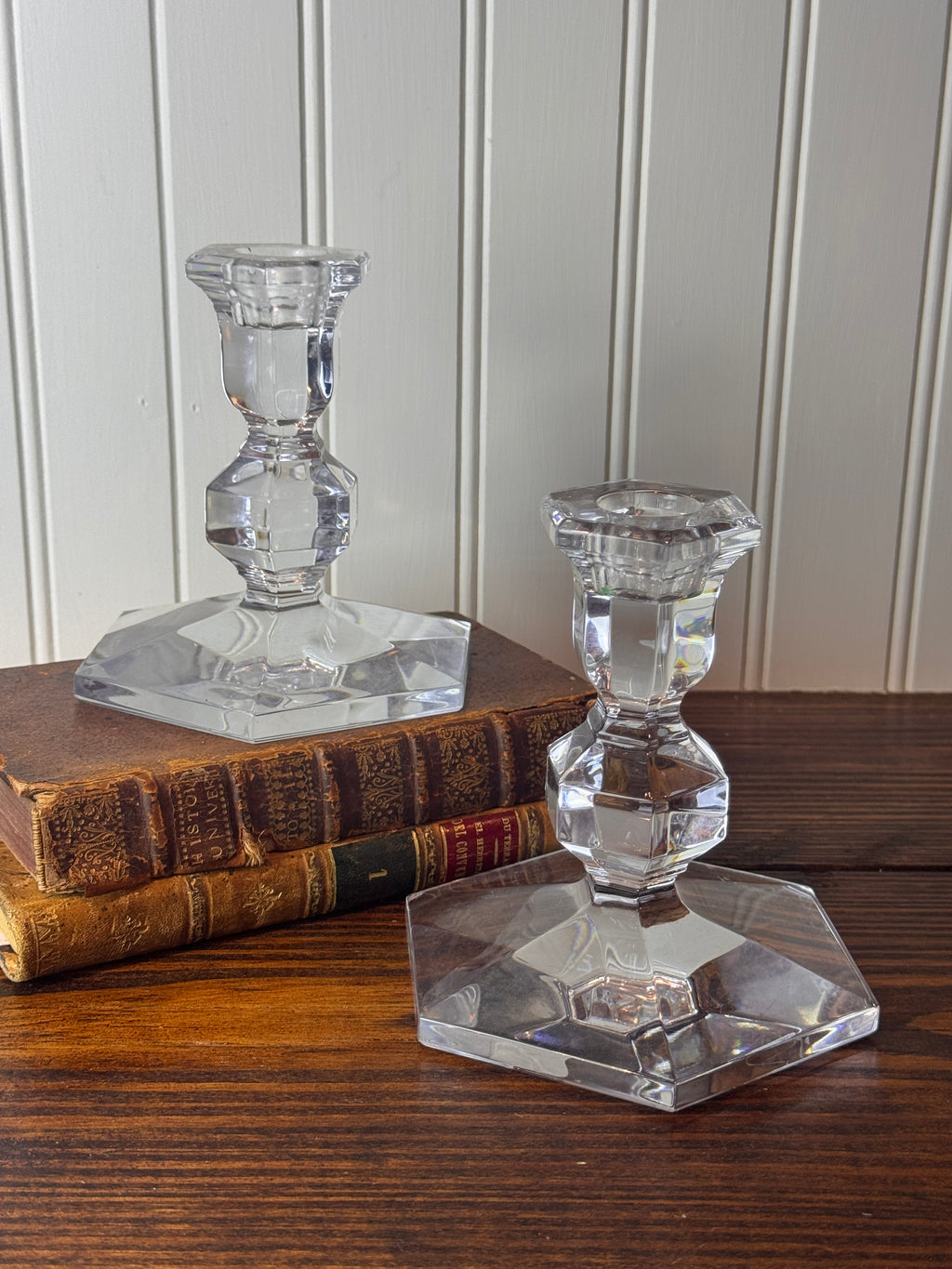 Val Saint-Lambert Signed Belgian Crystal Candlesticks, Pair, Sizes Vary, Late 20th Century