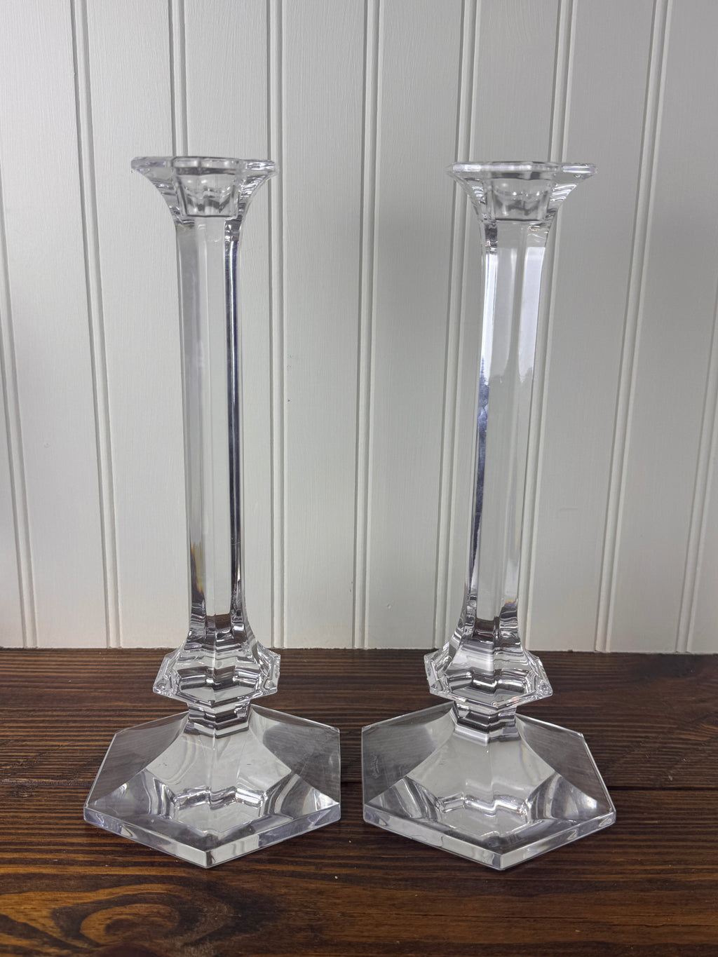 Val Saint-Lambert Signed Belgian Crystal Candlesticks, Pair, Sizes Vary, Late 20th Century