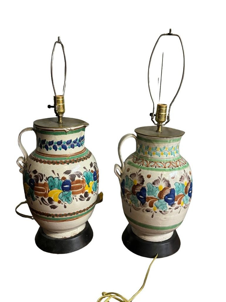 Vintage 1960s Colorful Mexican Pitcher Table or Desk Lamps - Set of 2