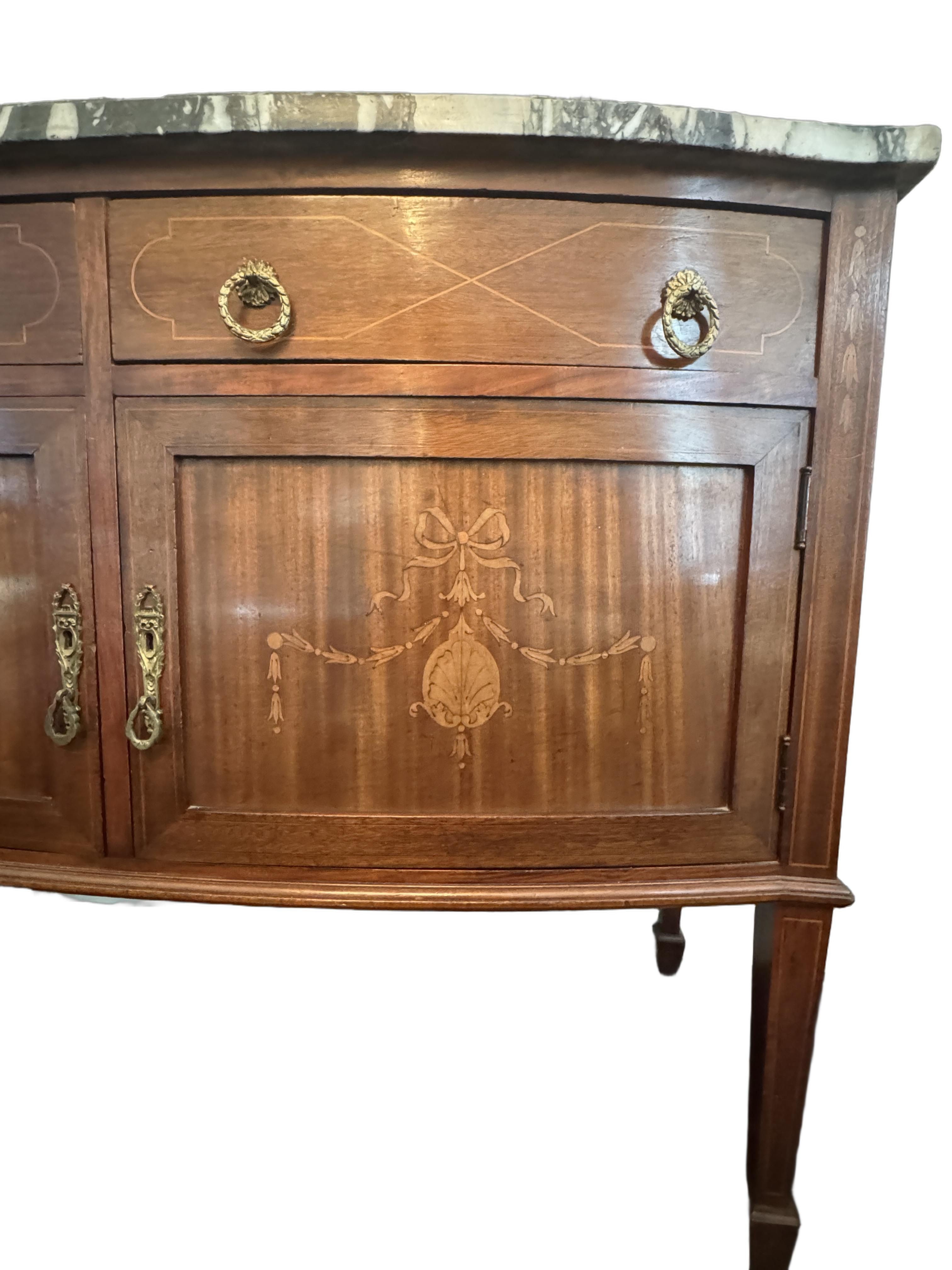Antique French Louis XVI Demilune Mahogany  Calacatta Viola Marble Top Buffet Sideboard Credenza