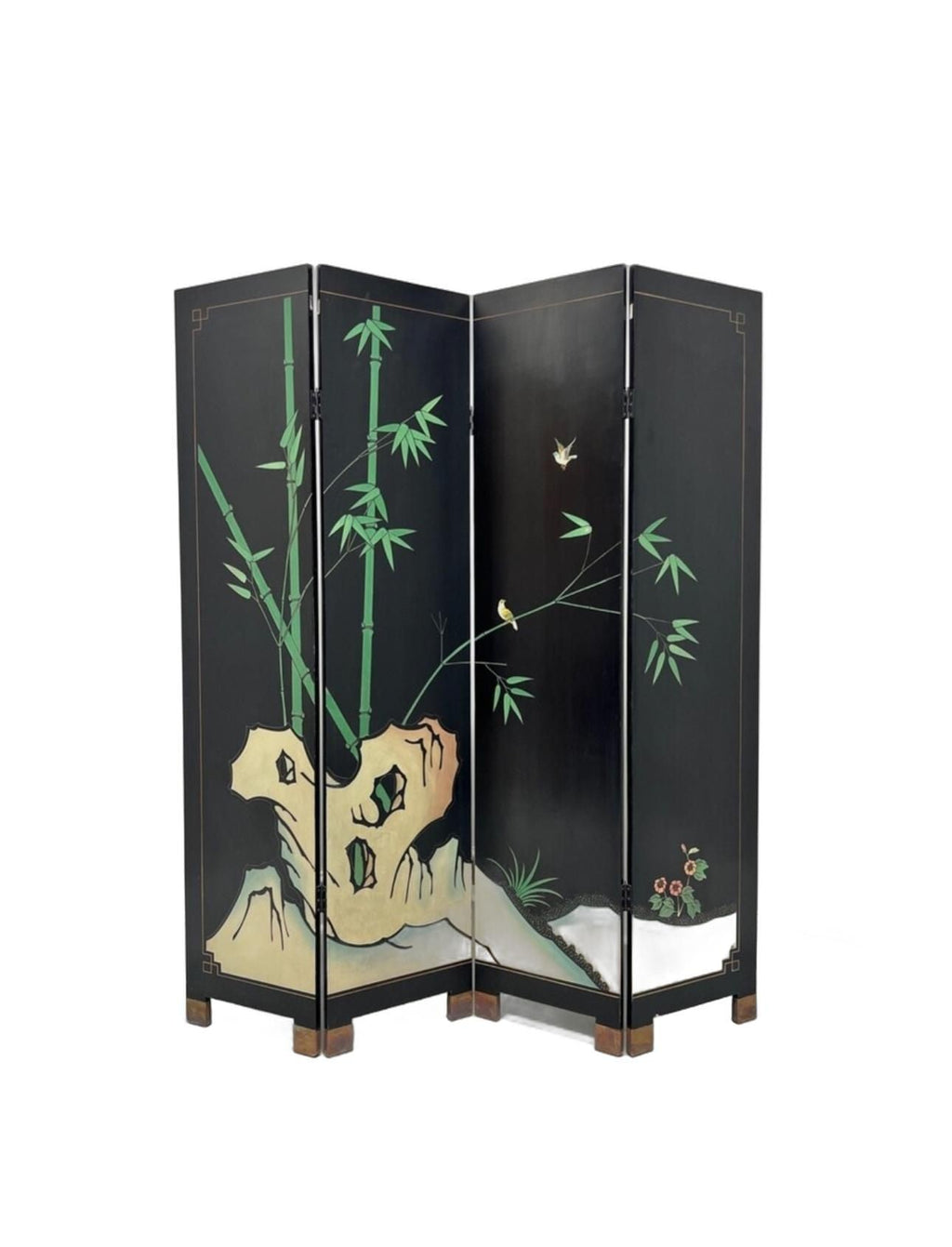 Vintage Chinese Four Panel Room Divider, Folding Screen with a Chinoiserie Pond Scene Painted on Both Sides