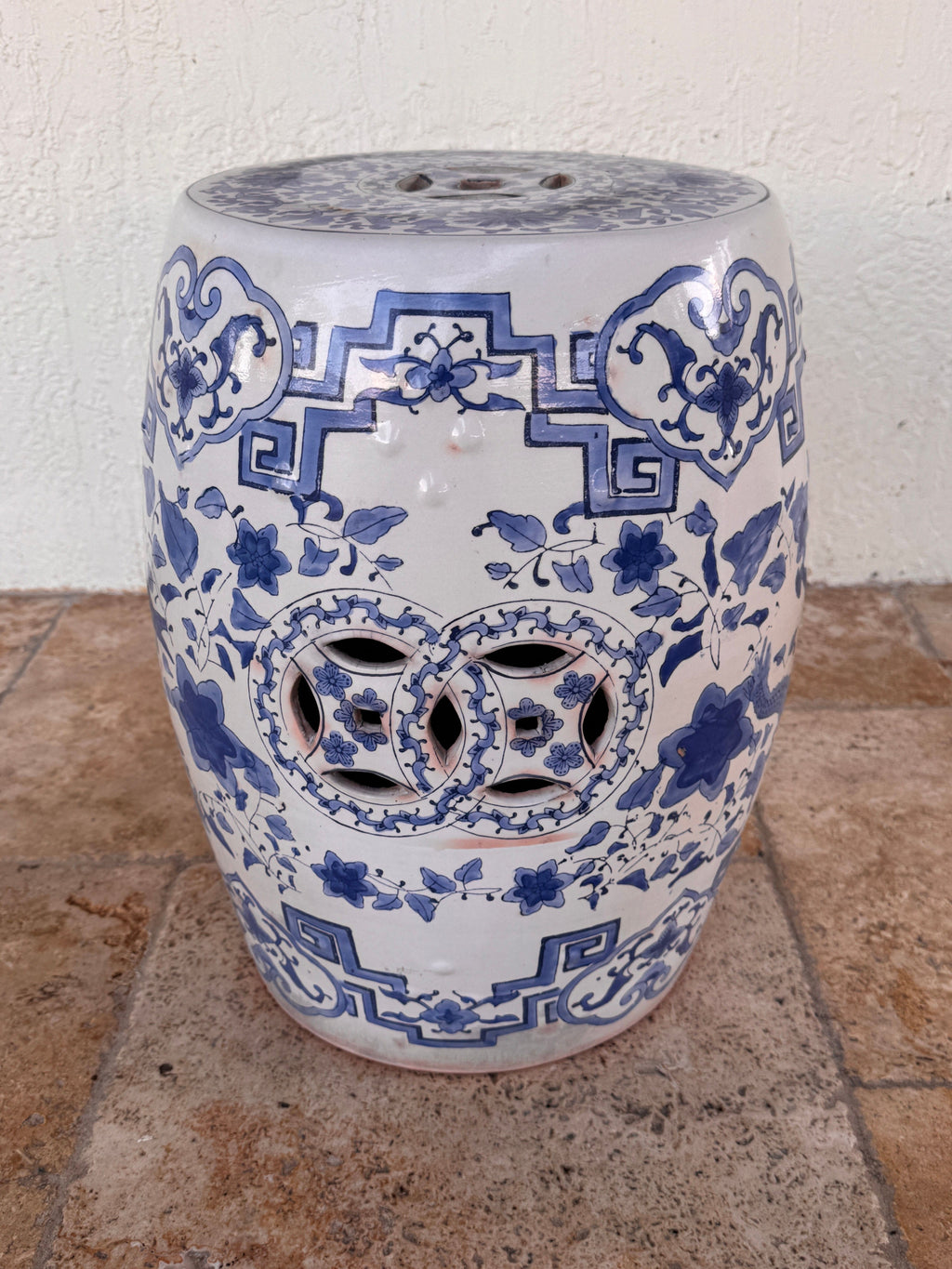 Vintage Terracotta Blue and White Chinese Garden Stool, Plant Stand