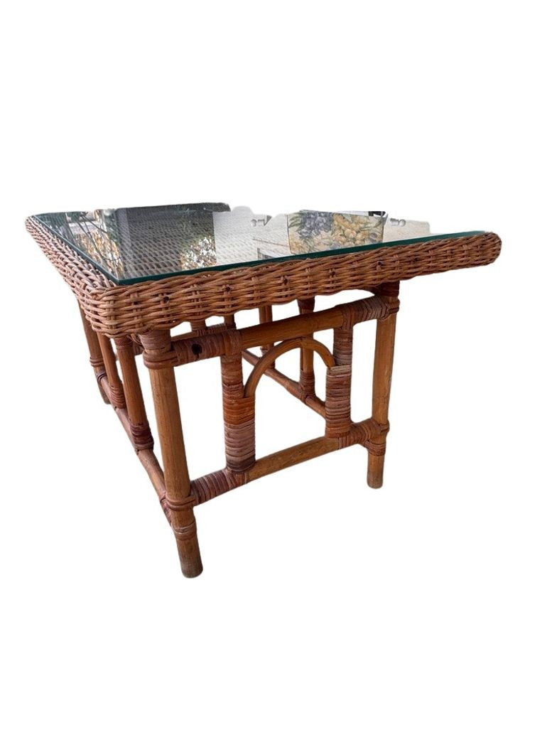 Vintage MCM Wicker Rattan Coffee Table with Glass Top