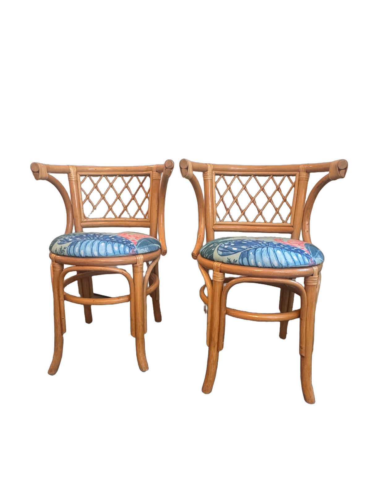 Vintage Bamboo & Rattan Barrel-Back Bistro Honeymoon Chairs, Pair, c. 1970s