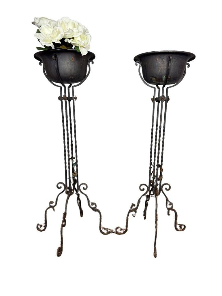 Antique Wrought Iron Plant Stands with Pot - Set of 2