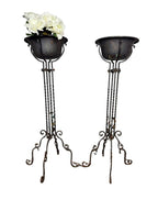 Antique Wrought Iron Plant Stands with Pot - Set of 2