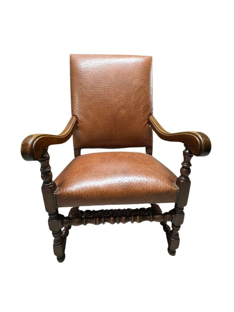 Antique Brown Leather Armchairs with Nailhead Details, Bobbin-Turned Legs, and Scrolled Arms- Set of 2, c. Early 1900s