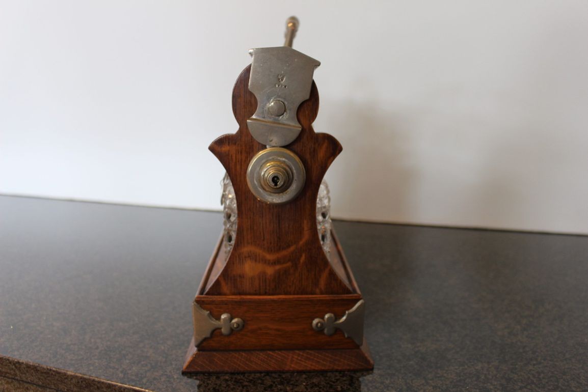 Antique English Oak Tantalus with Three Cut Crystal Decanters, c. late 1800s