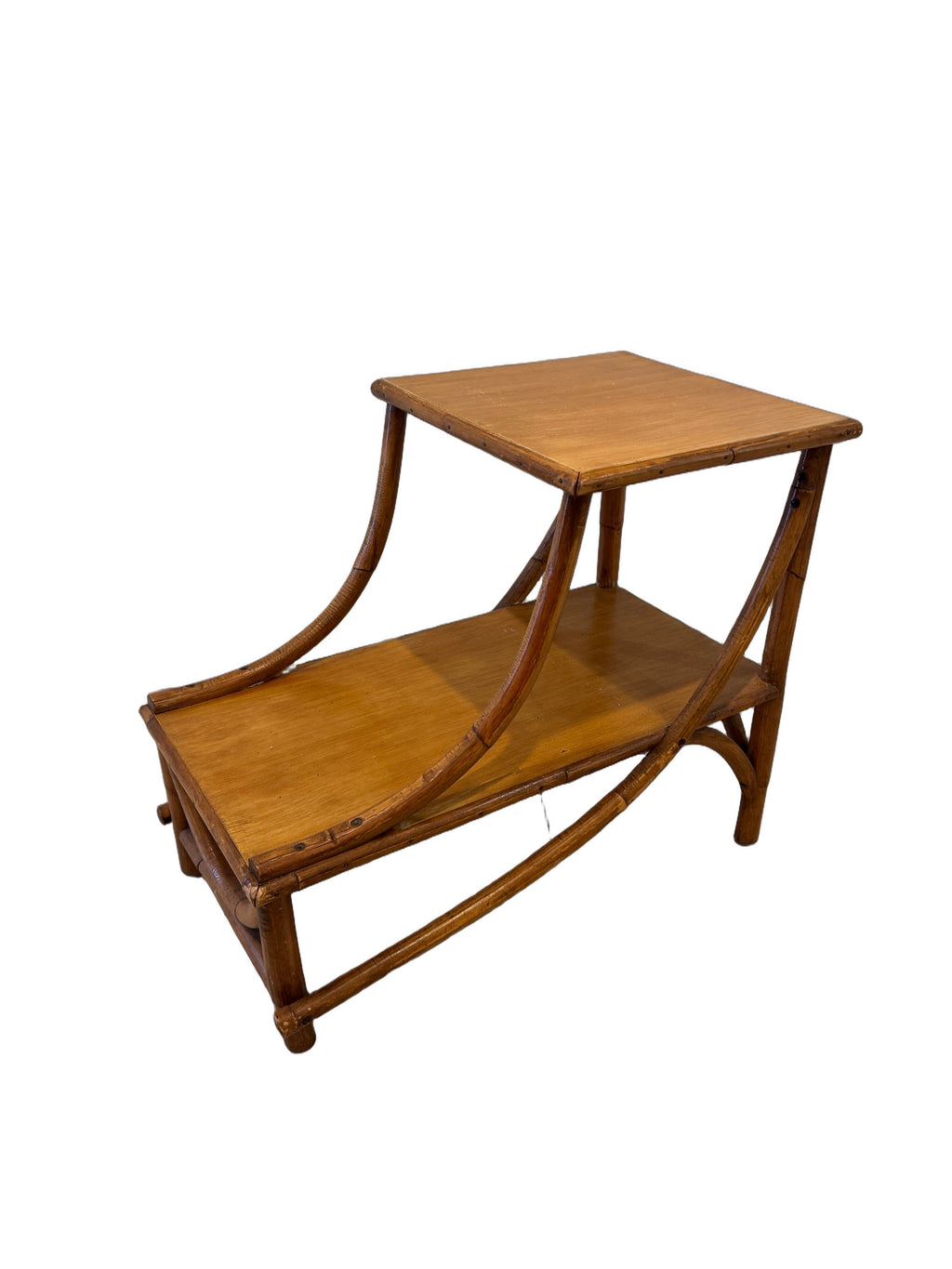 Vintage Heywood-Wakefield Style Rattan & Bamboo Two-Tier Side Table, c. 1960s