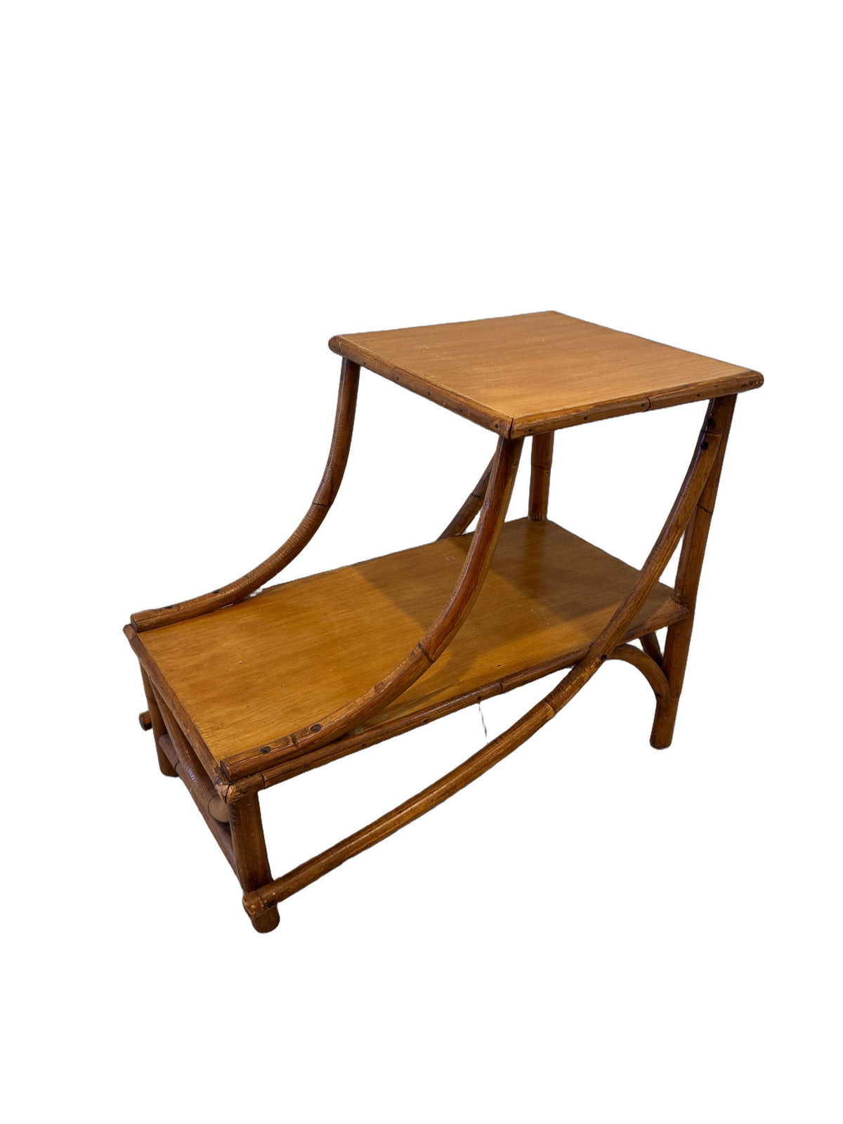 Vintage Heywood-Wakefield Style Rattan & Bamboo Two-Tier Side Table, c. 1960s