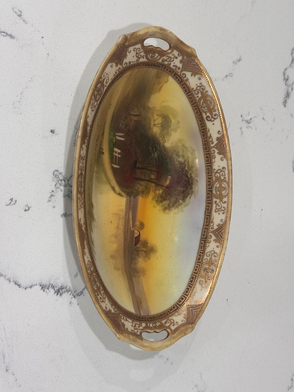 Antique Japanese Hand-Painted Nippon Plate by Morimura Brothers, Rural Lake Scene, c. 1911–1921