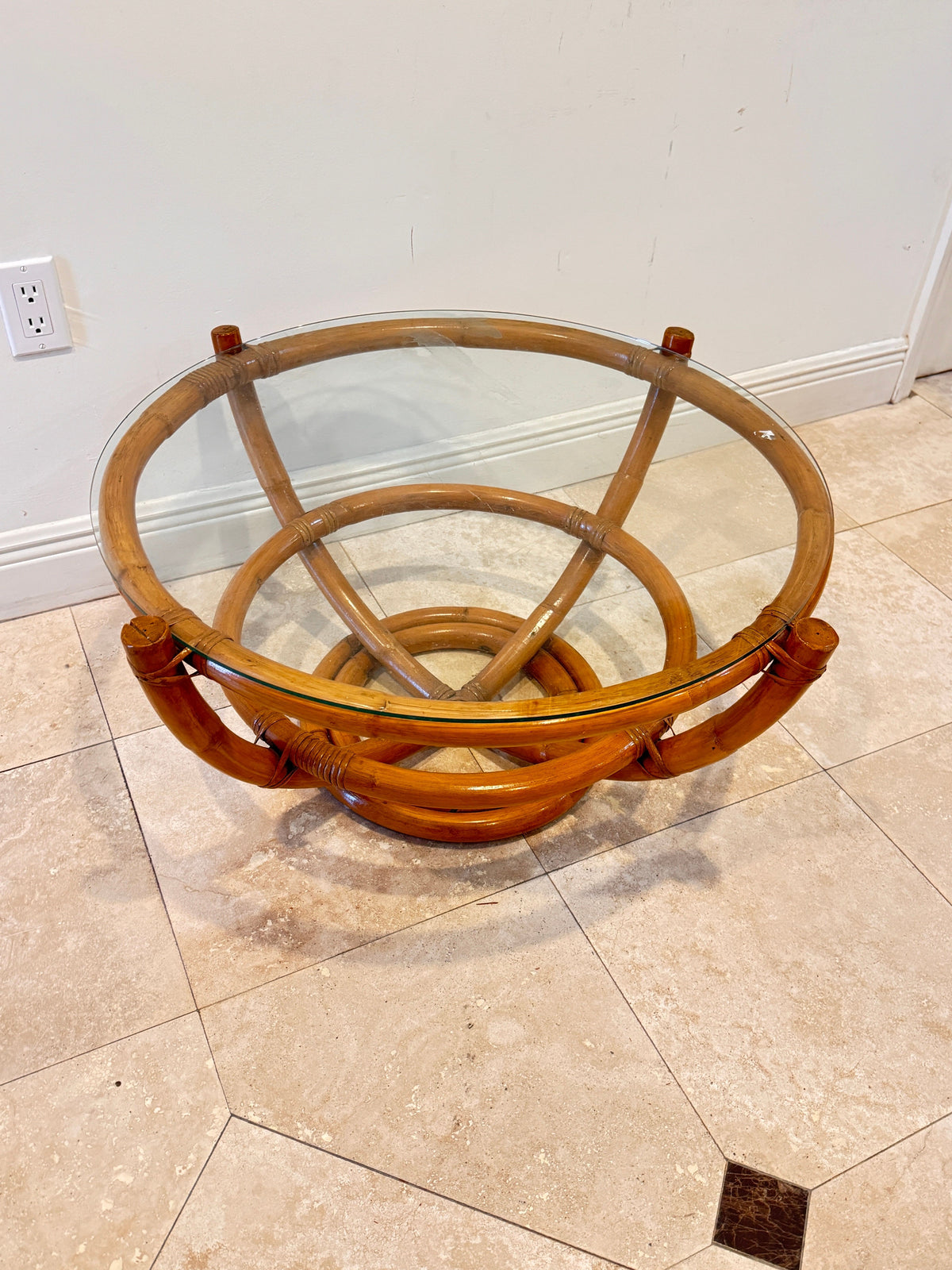 Vintage Sculptural Palm Beach Style Rattan Coffee Table with Round Glass Top, c. 1970s