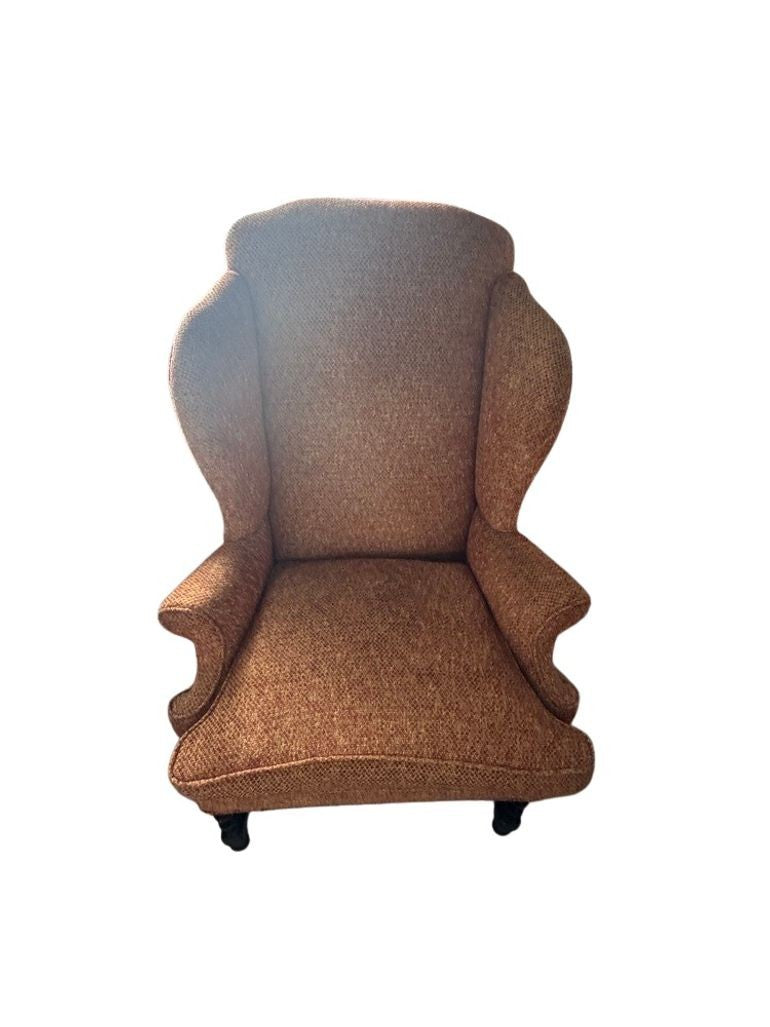 Vintage Queen Anne & Archie Bunker Style Wingback Chair with Carved Spindle Legs