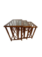 Vintage Burnt Bamboo Rattan Nesting Tables with Glass Tops, Set of 3, c. 1970s