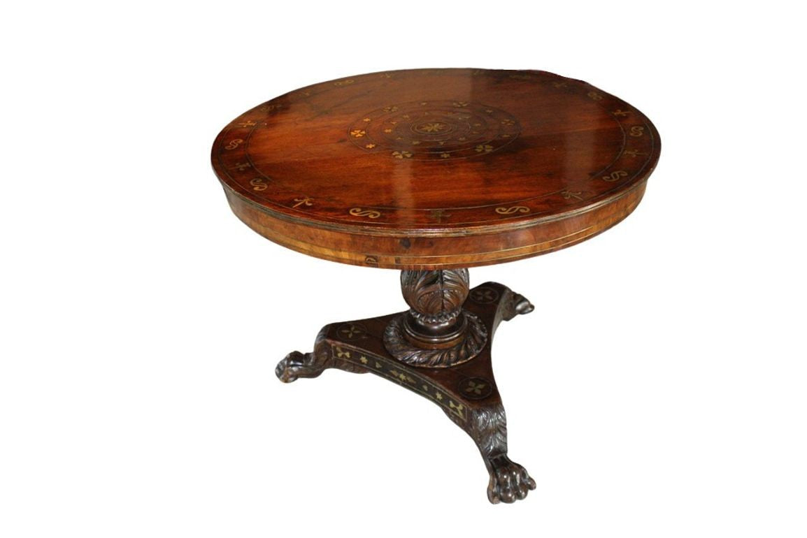 Antique William IV Style Brass-Inlaid Pedestal Center Table, Early 19th Century