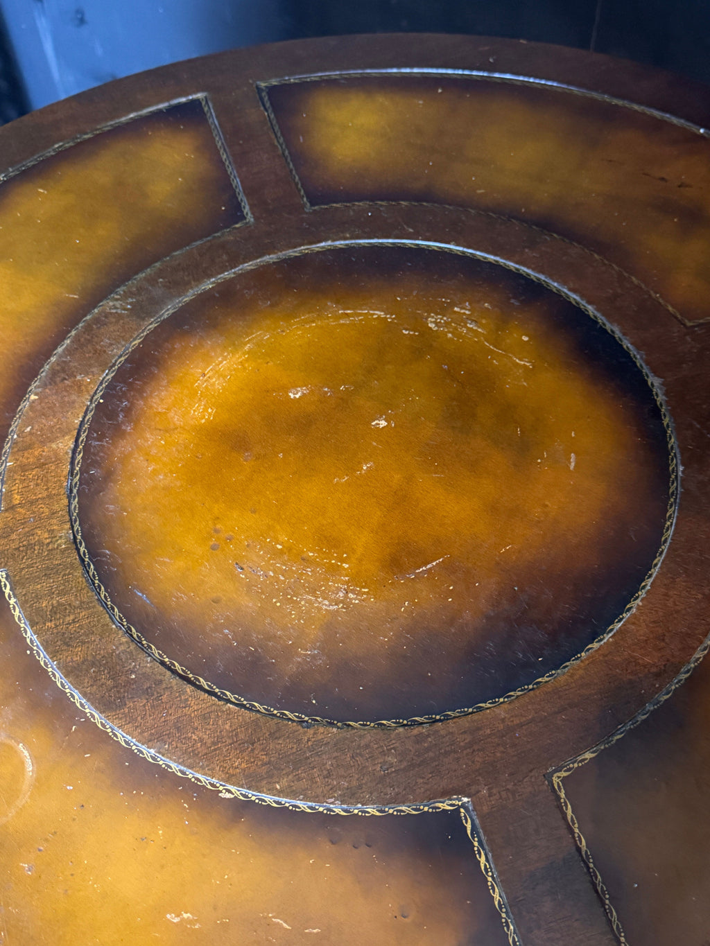Antique Duncan Phyfe Style Mahogany Drum Center Table with Gold-Tooled Leather Top, Early 20th Century