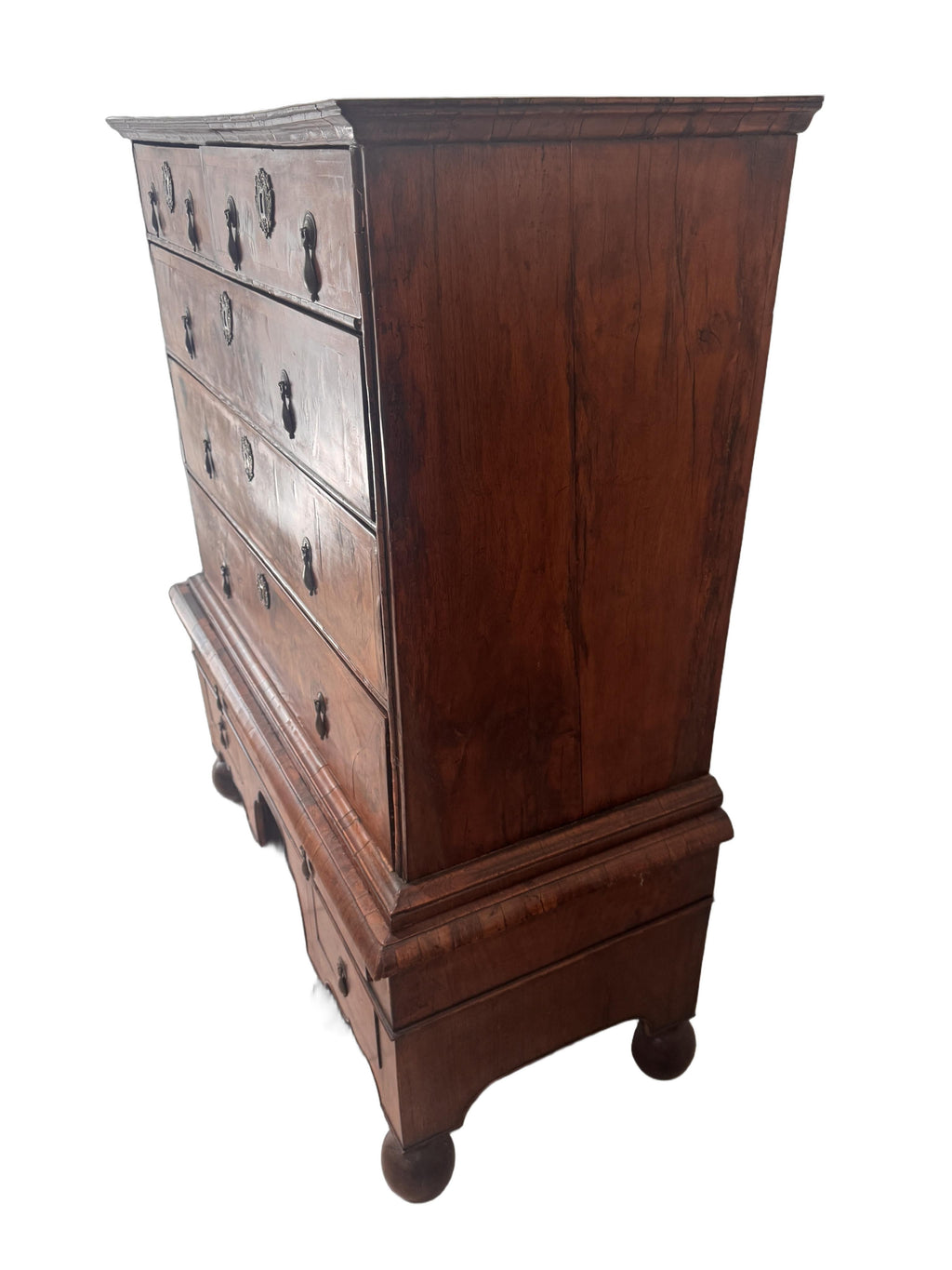 Antique William and Mary Burl Walnut Chest on Stand with Original Bronze Hardware and Cannonball Feet, Late 17th Century