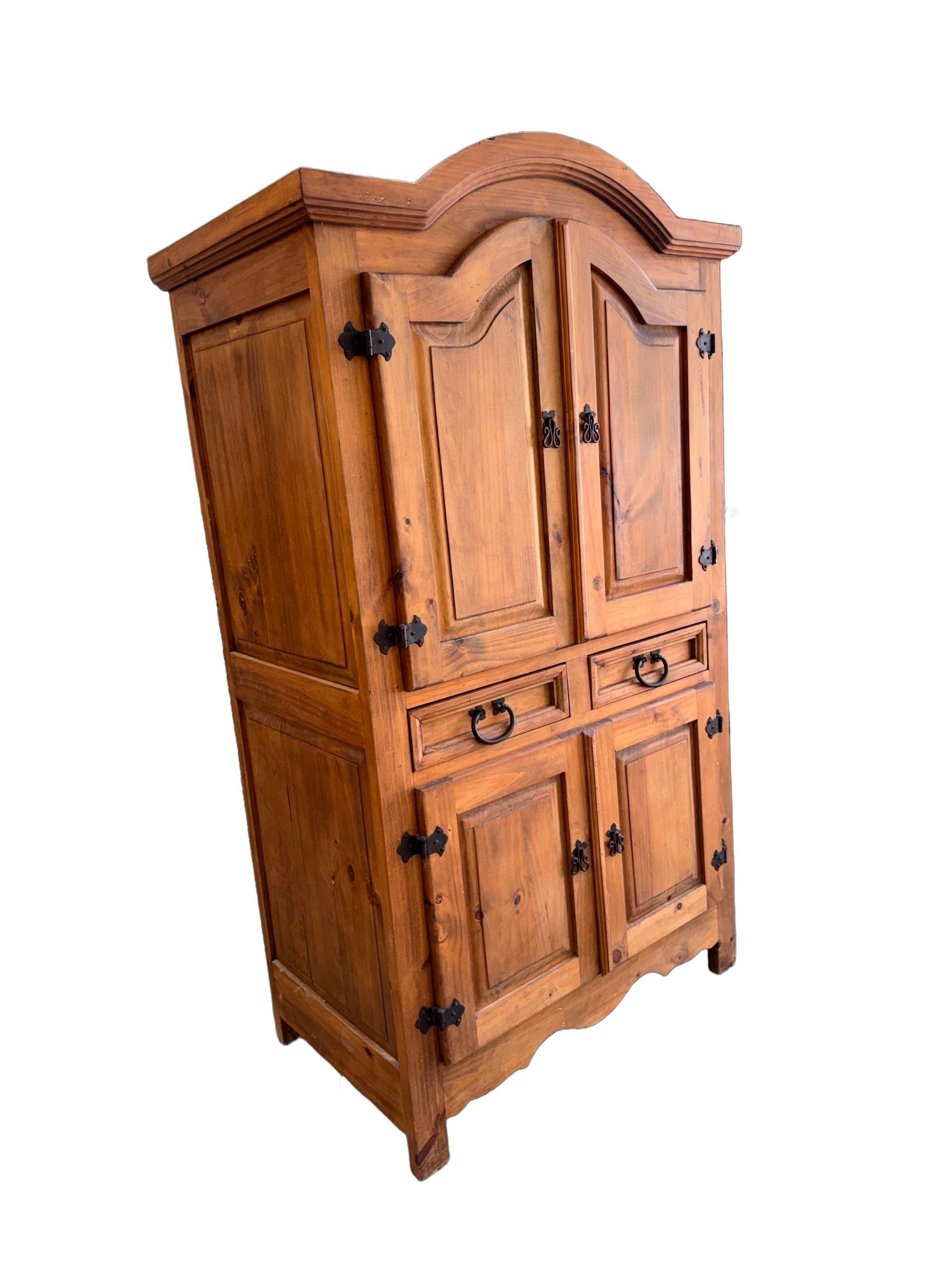 1980s Rustic Solid Pine Storage Armoire with Wrought Iron Accents, Mexico