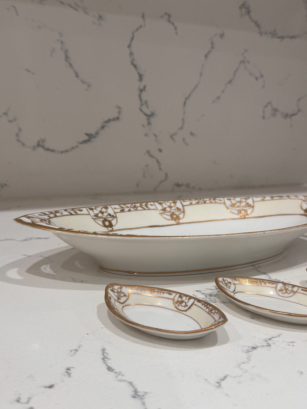 Antique Nippon Hand-Painted Porcelain Celery Bowl & Salt Cellars, Set of 5 – Morimura Brothers, c. 1910–1921