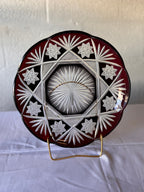 Antique Czech Bohemian  Ruby Red Art Deco Hand Cut to Clear Crystal Plate featuring Starburst Geometric Patterns , c. 1920