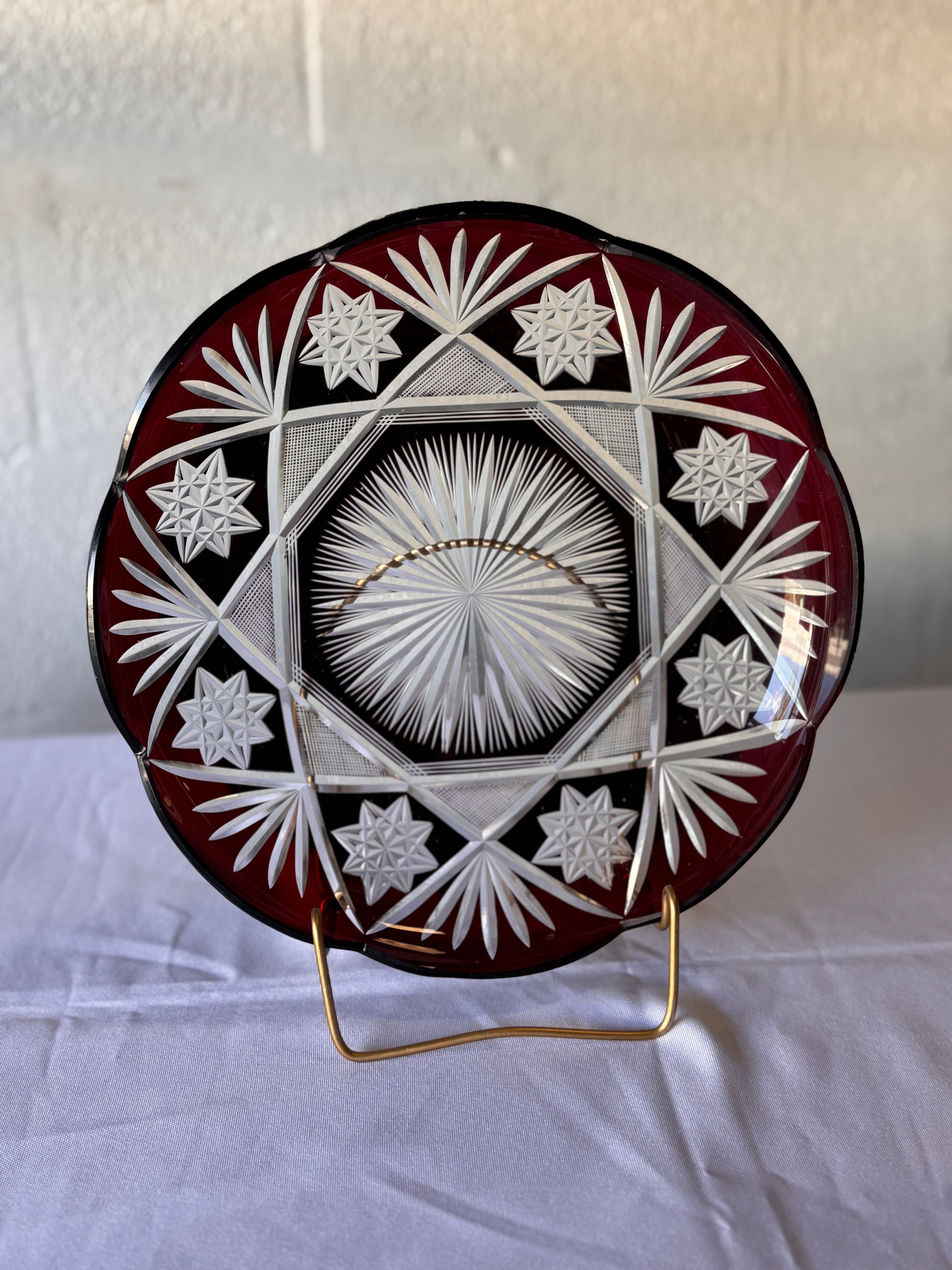 Antique Czech Bohemian  Ruby Red Art Deco Hand Cut to Clear Crystal Plate featuring Starburst Geometric Patterns , c. 1920