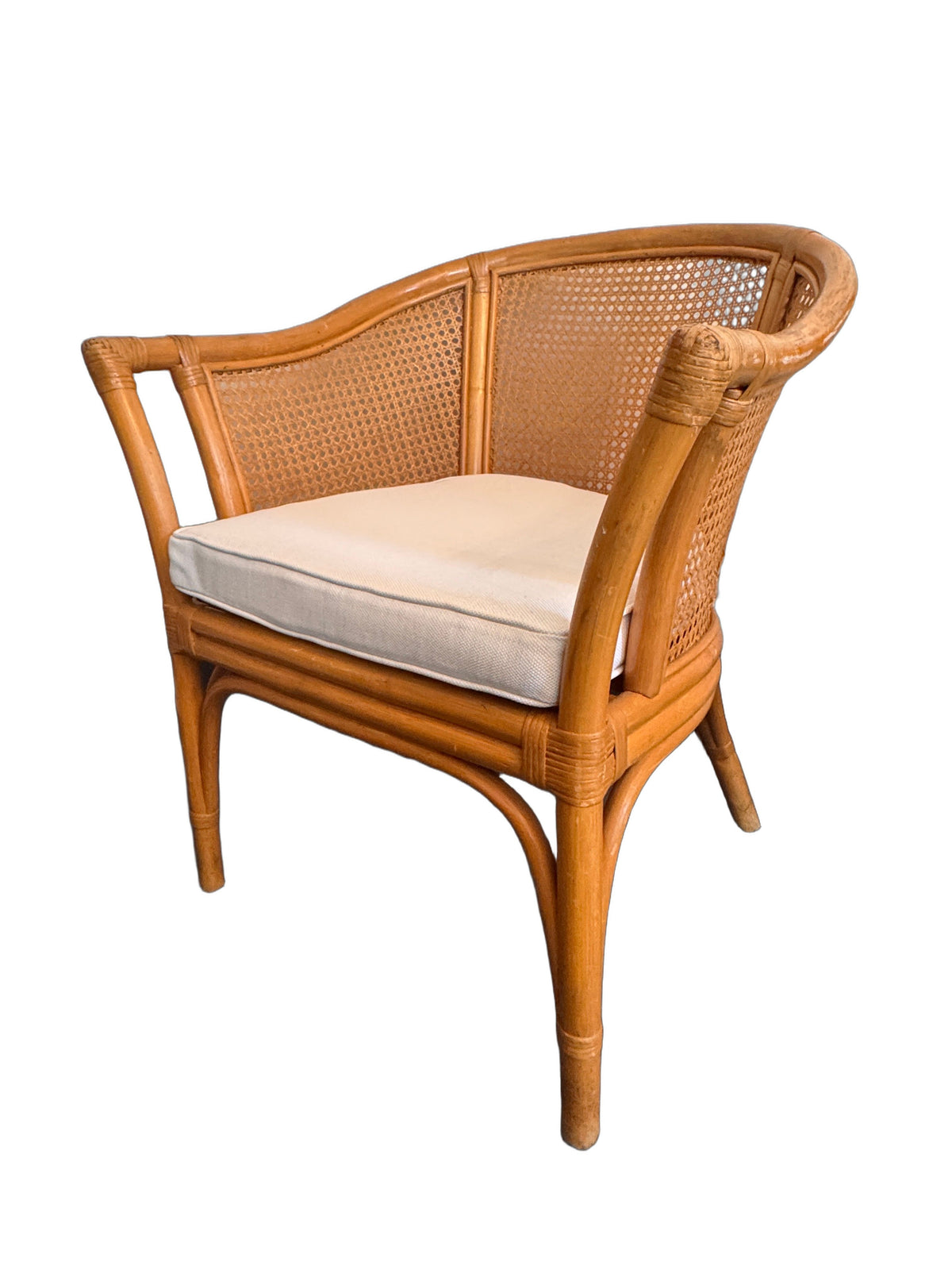 Vintage McGuire Style Rattan & Cane Barrel Back Armchairs, c. 1980s