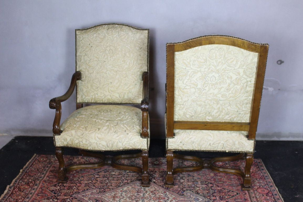 Antique French Louis XIV Style Nail Head Upholstered Arm Chairs - Set of 2